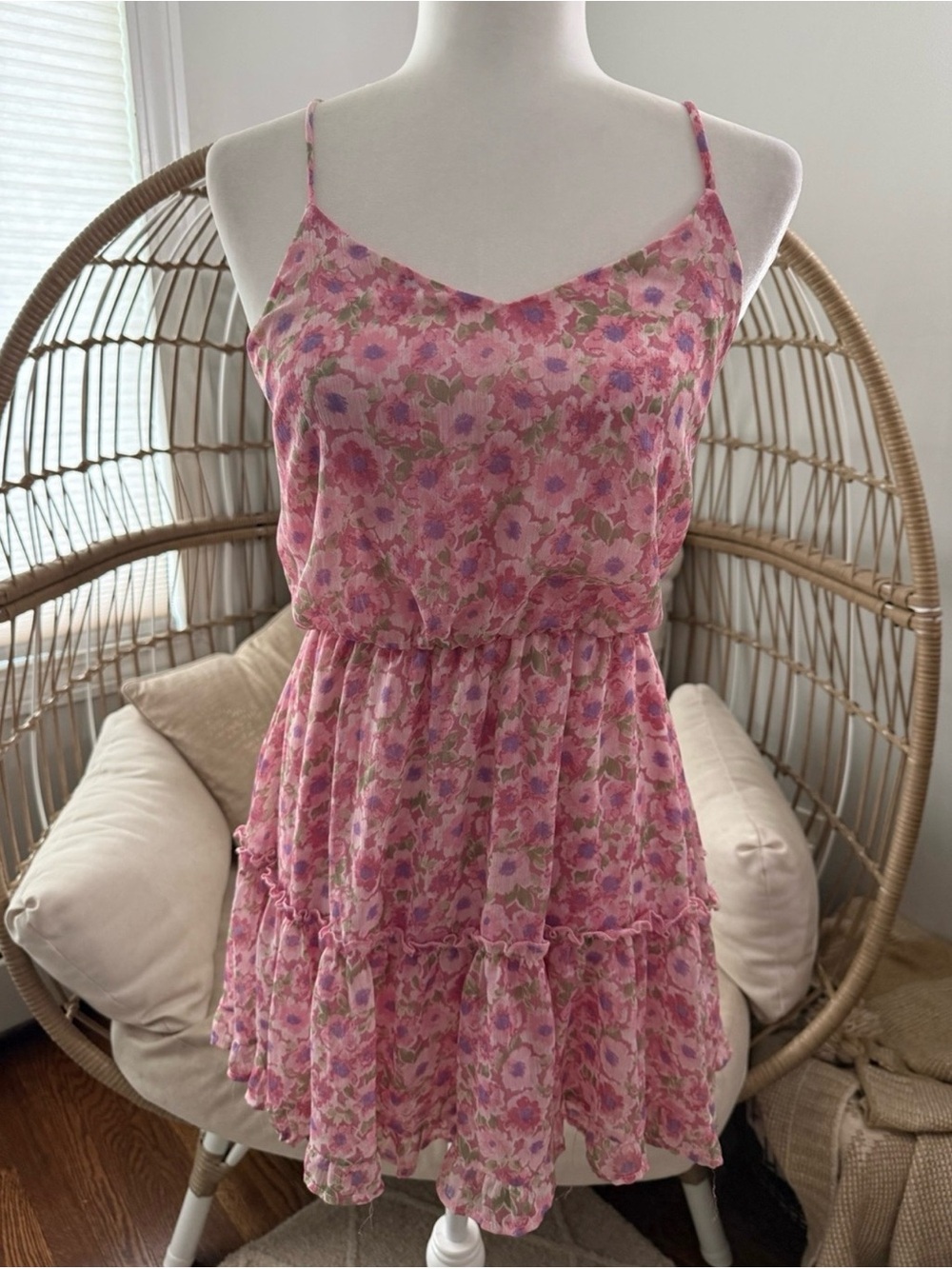 Altar’d State Pink Tiered Floral Mini Fit & Flare Dress Size Large